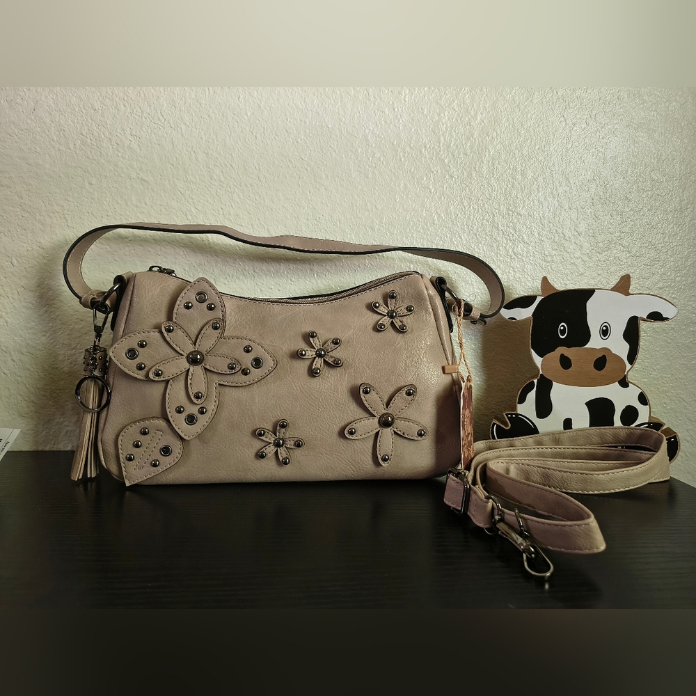 Floral Appliqué Shoulder Bag in Taupe